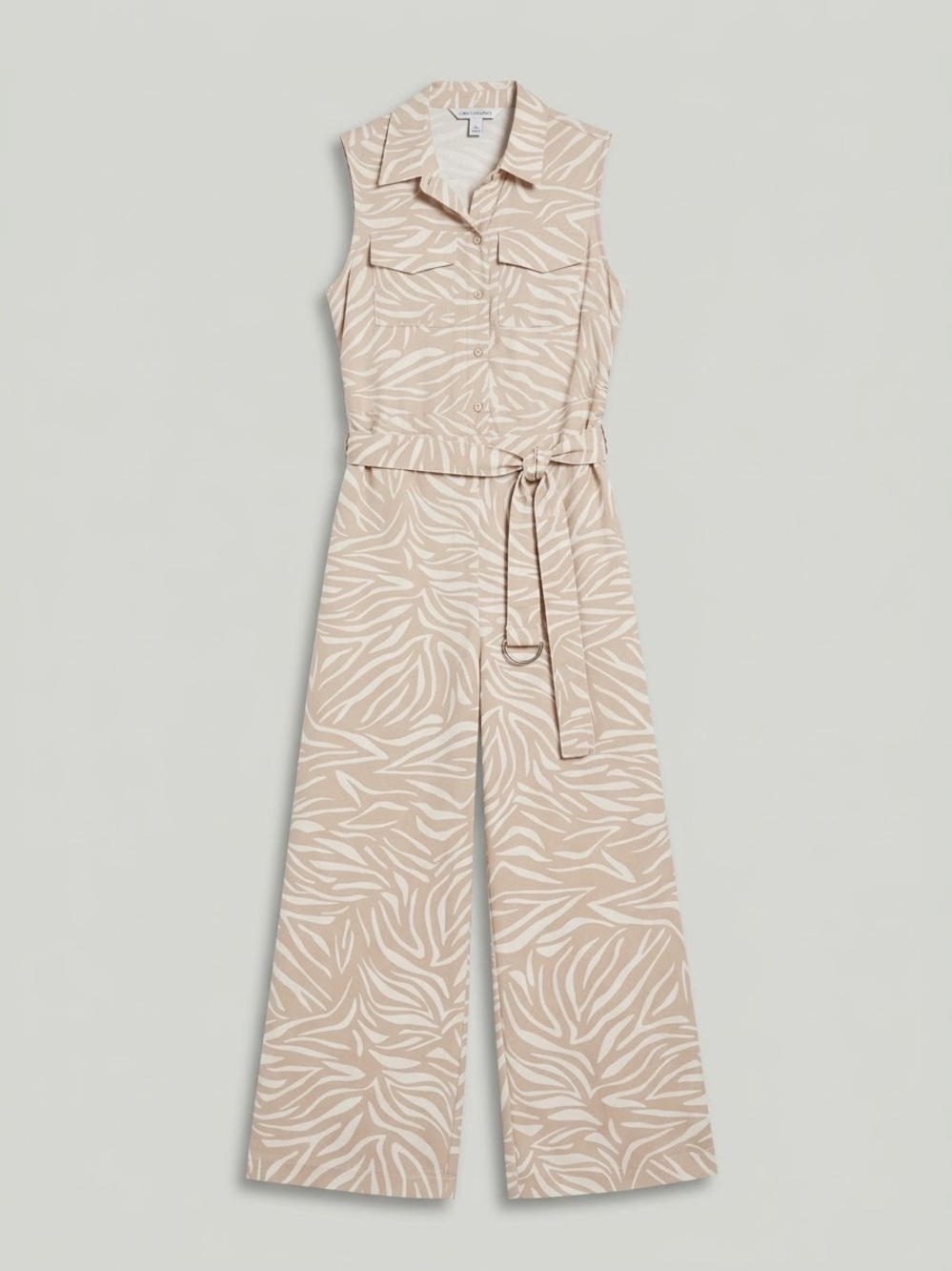Sleeveless Beige-Print Wide-Leg Tie-Waist Jumpsuit (NWOT)